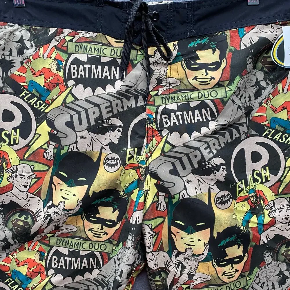 Batman DC Comics Retro Swim Trunks Mens 2XL Superman Flash Lined Pocket‎ Beach